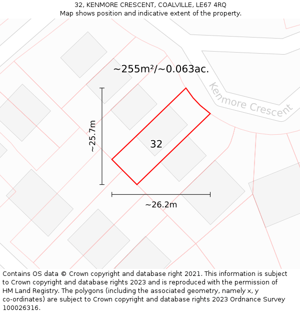 32, KENMORE CRESCENT, COALVILLE, LE67 4RQ: Plot and title map