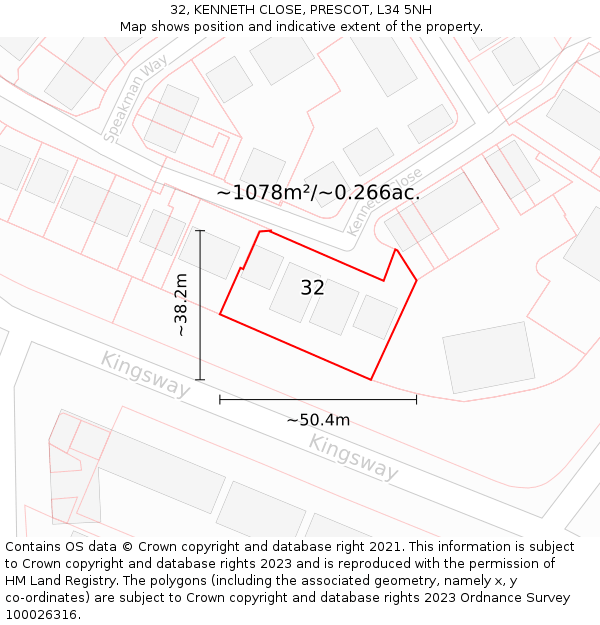 32, KENNETH CLOSE, PRESCOT, L34 5NH: Plot and title map