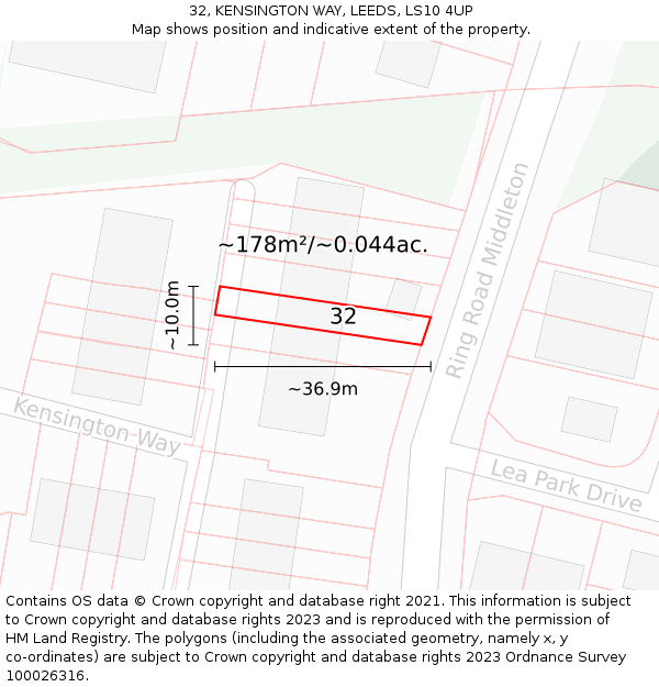 32, KENSINGTON WAY, LEEDS, LS10 4UP: Plot and title map