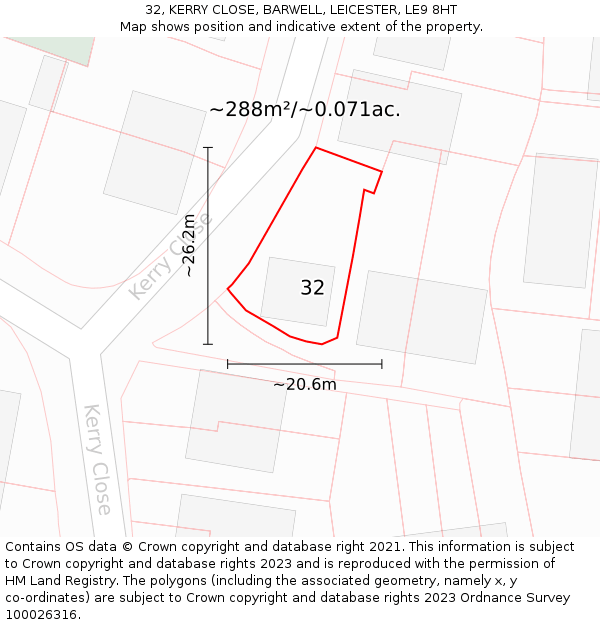 32, KERRY CLOSE, BARWELL, LEICESTER, LE9 8HT: Plot and title map