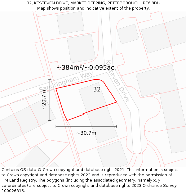 32, KESTEVEN DRIVE, MARKET DEEPING, PETERBOROUGH, PE6 8DU: Plot and title map