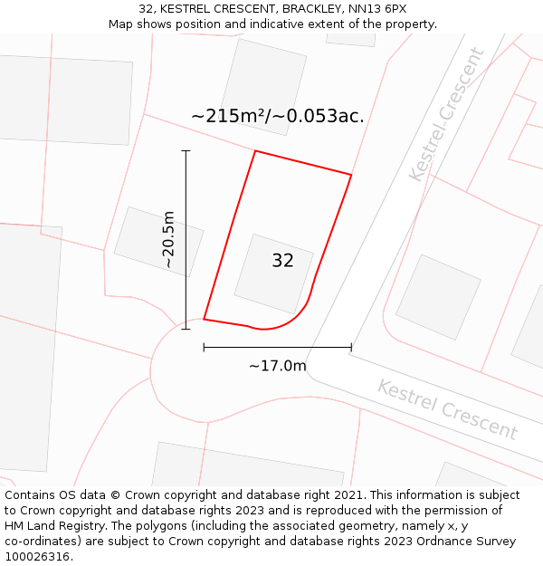32, KESTREL CRESCENT, BRACKLEY, NN13 6PX: Plot and title map