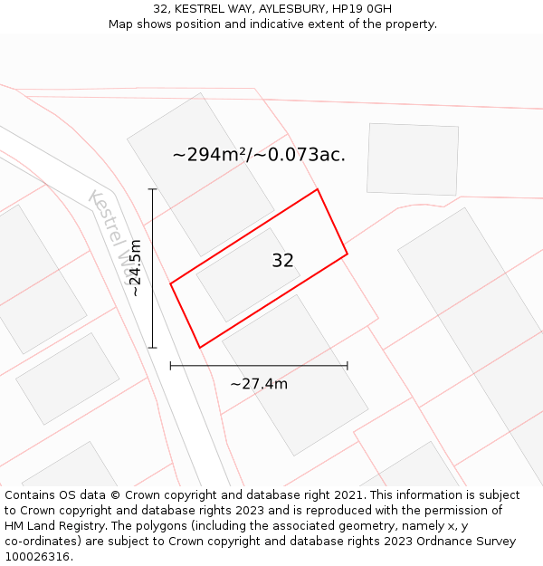 32, KESTREL WAY, AYLESBURY, HP19 0GH: Plot and title map