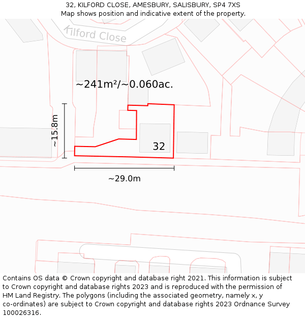 32, KILFORD CLOSE, AMESBURY, SALISBURY, SP4 7XS: Plot and title map