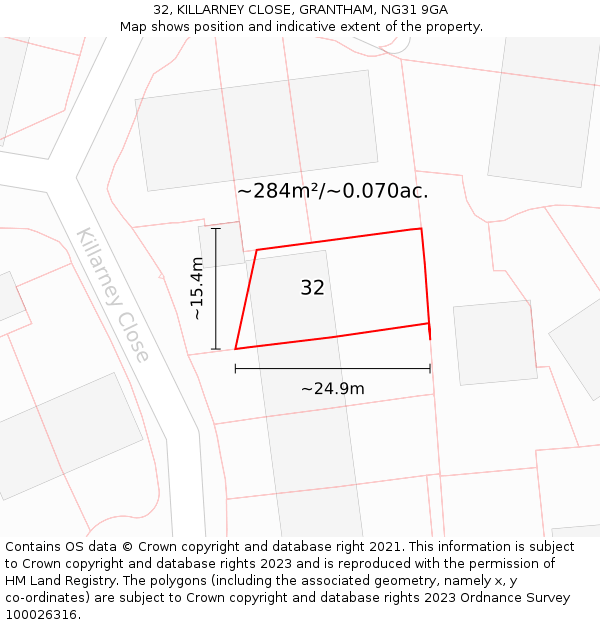 32, KILLARNEY CLOSE, GRANTHAM, NG31 9GA: Plot and title map