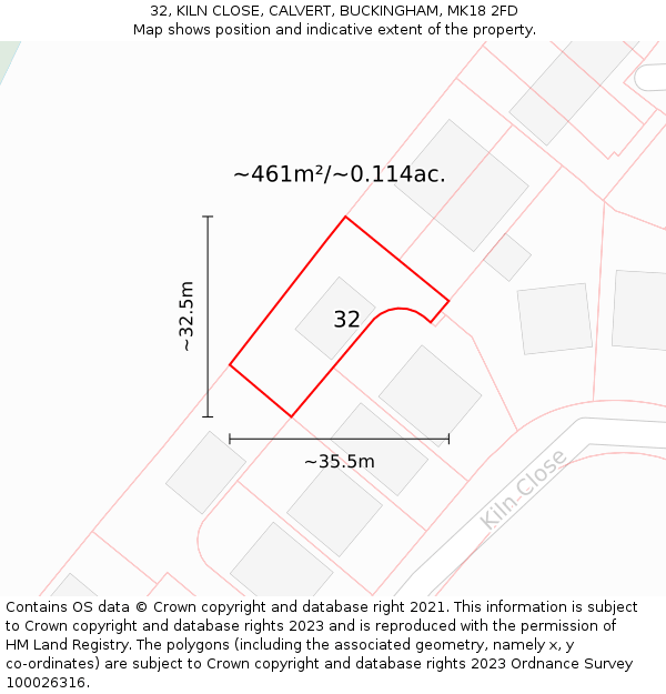 32, KILN CLOSE, CALVERT, BUCKINGHAM, MK18 2FD: Plot and title map