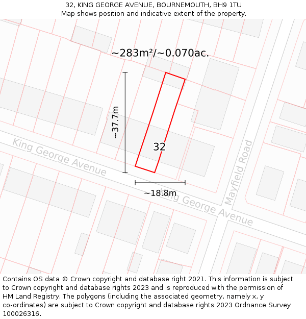 32, KING GEORGE AVENUE, BOURNEMOUTH, BH9 1TU: Plot and title map