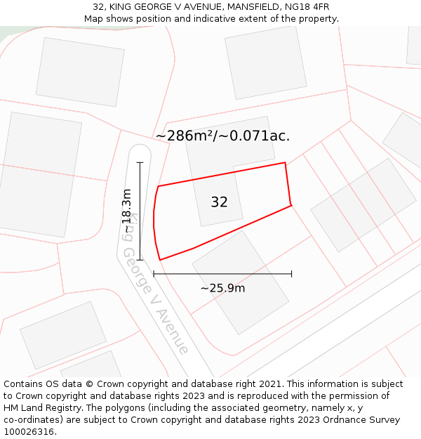 32, KING GEORGE V AVENUE, MANSFIELD, NG18 4FR: Plot and title map