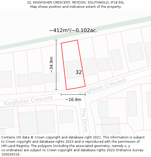 32, KINGFISHER CRESCENT, REYDON, SOUTHWOLD, IP18 6XL: Plot and title map