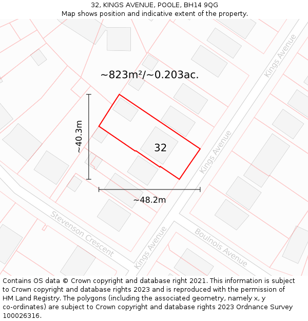 32, KINGS AVENUE, POOLE, BH14 9QG: Plot and title map