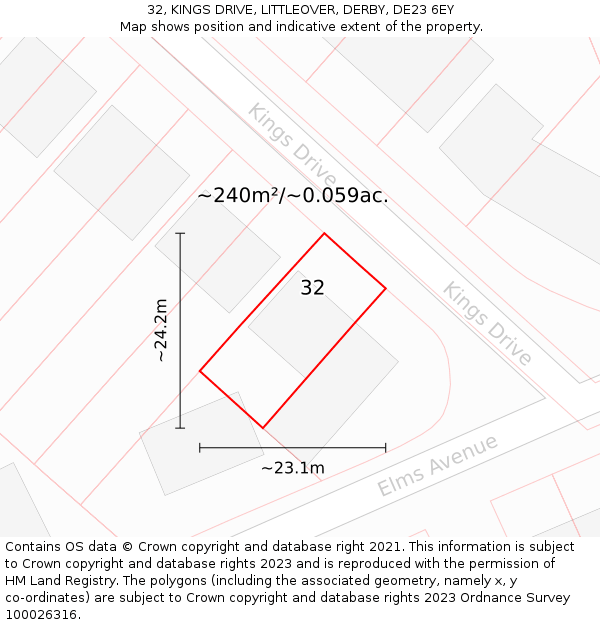 32, KINGS DRIVE, LITTLEOVER, DERBY, DE23 6EY: Plot and title map