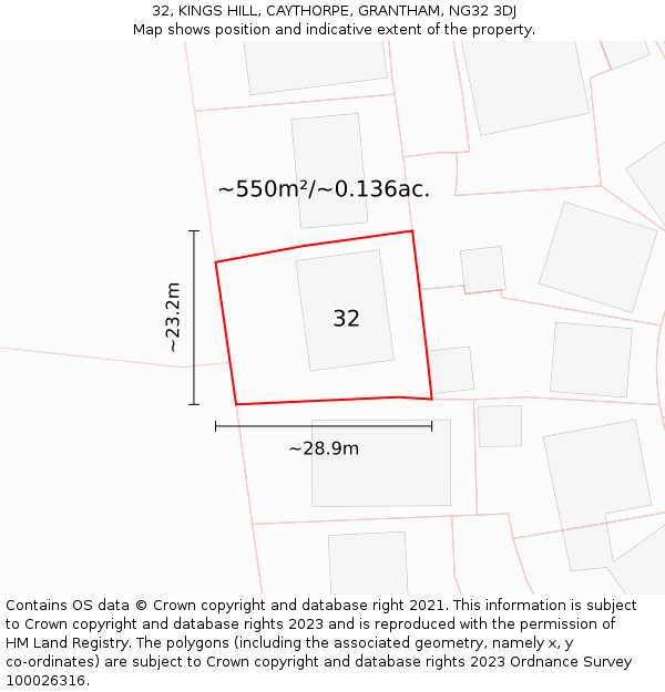 32, KINGS HILL, CAYTHORPE, GRANTHAM, NG32 3DJ: Plot and title map