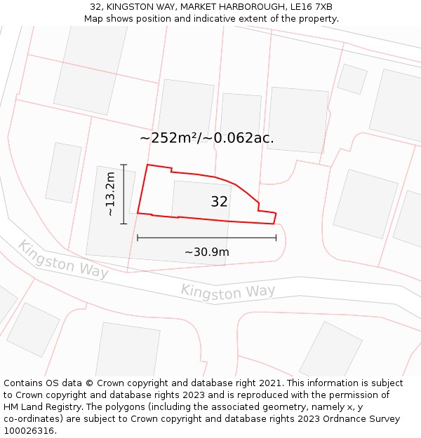32, KINGSTON WAY, MARKET HARBOROUGH, LE16 7XB: Plot and title map