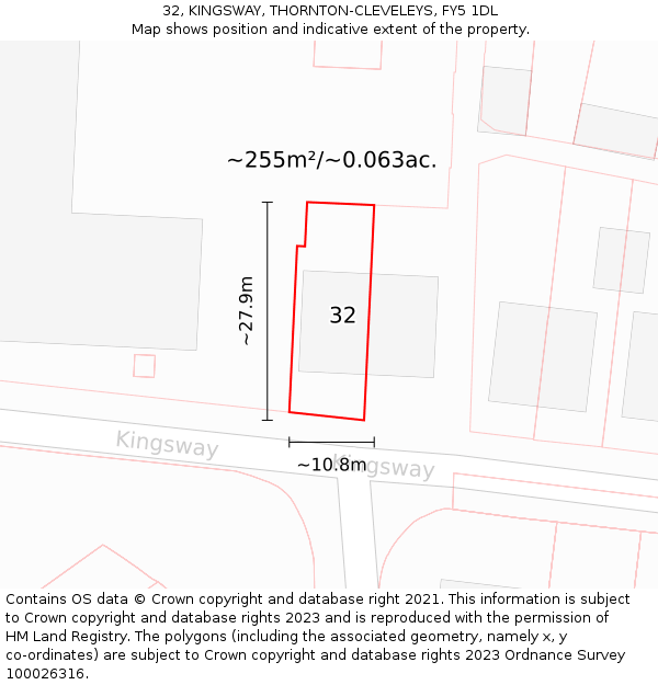 32, KINGSWAY, THORNTON-CLEVELEYS, FY5 1DL: Plot and title map
