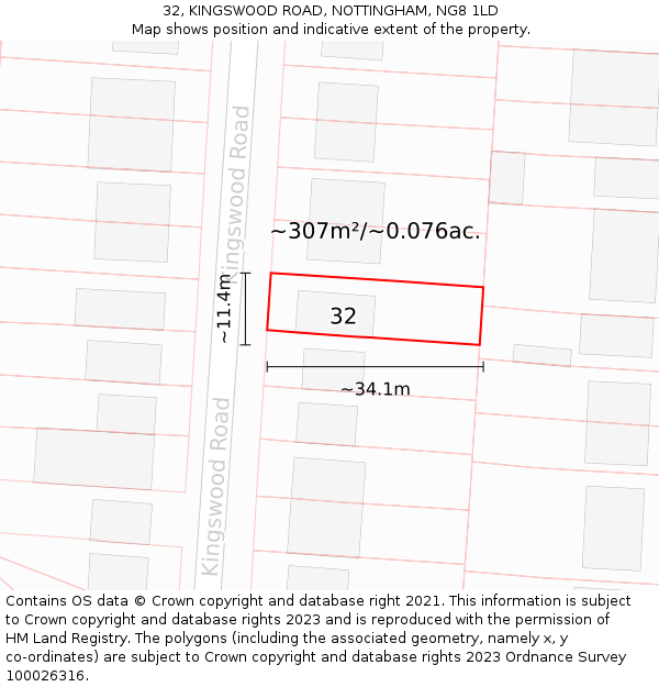 32, KINGSWOOD ROAD, NOTTINGHAM, NG8 1LD: Plot and title map