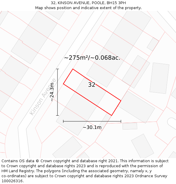 32, KINSON AVENUE, POOLE, BH15 3PH: Plot and title map