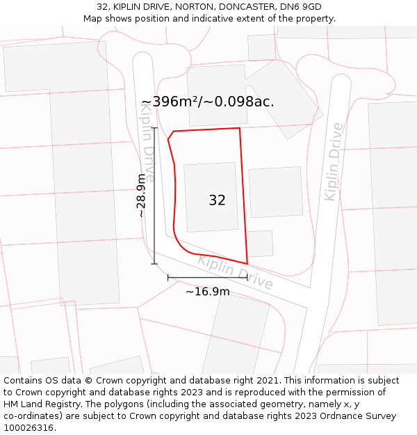 32, KIPLIN DRIVE, NORTON, DONCASTER, DN6 9GD: Plot and title map