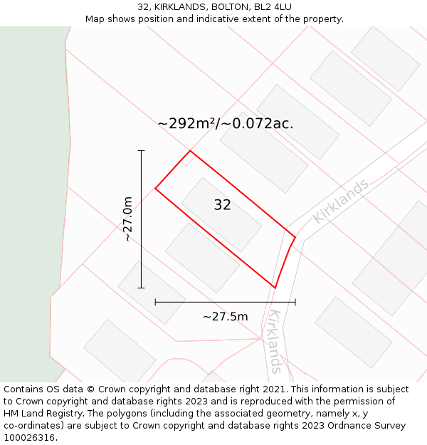 32, KIRKLANDS, BOLTON, BL2 4LU: Plot and title map