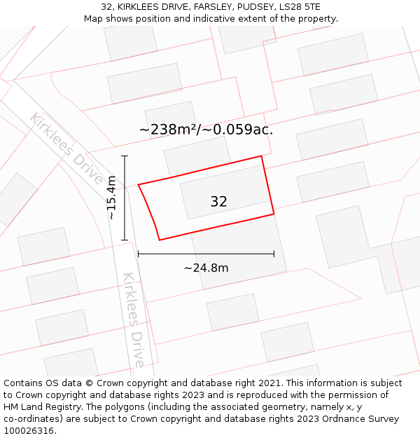 32, KIRKLEES DRIVE, FARSLEY, PUDSEY, LS28 5TE: Plot and title map