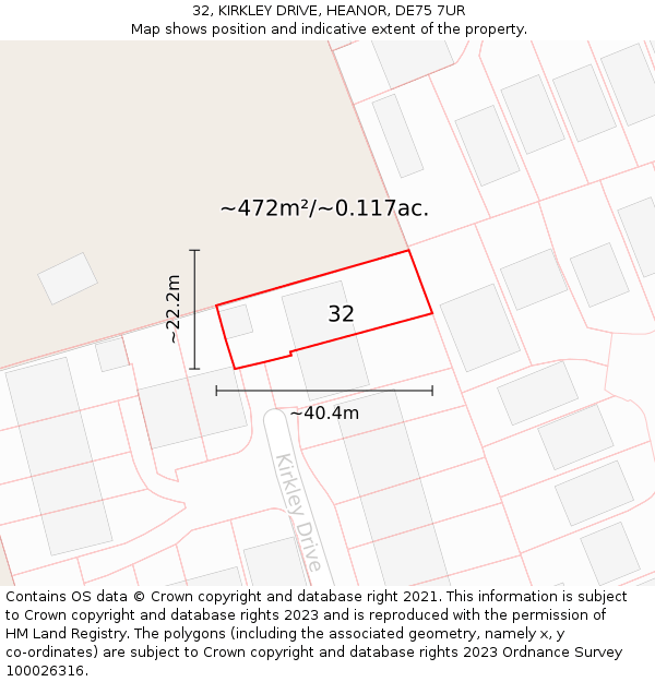32, KIRKLEY DRIVE, HEANOR, DE75 7UR: Plot and title map