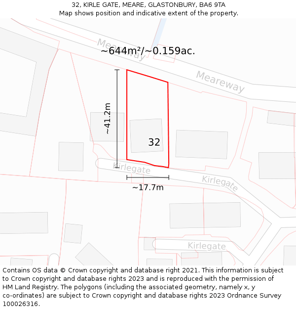 32, KIRLE GATE, MEARE, GLASTONBURY, BA6 9TA: Plot and title map