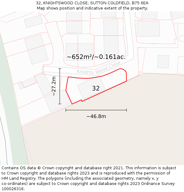 32, KNIGHTSWOOD CLOSE, SUTTON COLDFIELD, B75 6EA: Plot and title map
