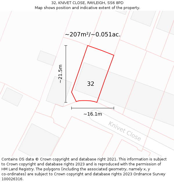 32, KNIVET CLOSE, RAYLEIGH, SS6 8PD: Plot and title map