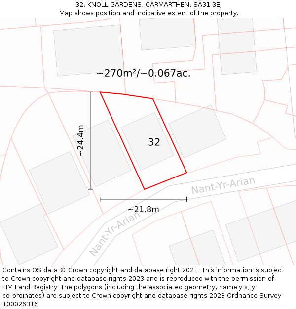 32, KNOLL GARDENS, CARMARTHEN, SA31 3EJ: Plot and title map