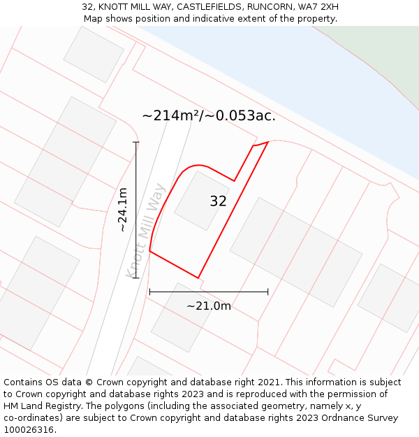 32, KNOTT MILL WAY, CASTLEFIELDS, RUNCORN, WA7 2XH: Plot and title map