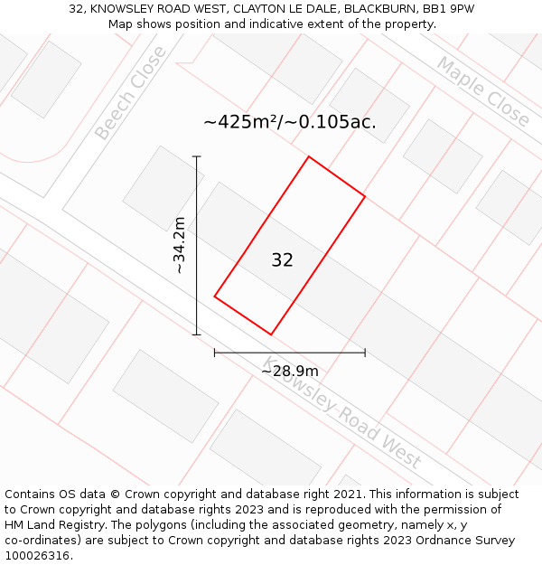 32, KNOWSLEY ROAD WEST, CLAYTON LE DALE, BLACKBURN, BB1 9PW: Plot and title map