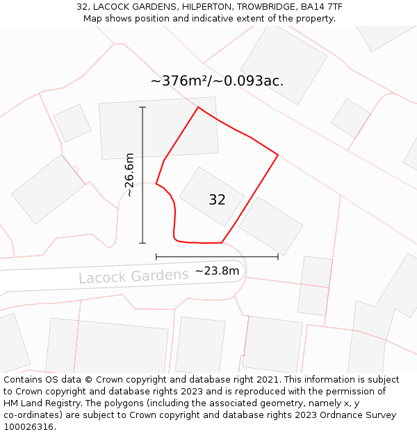 32, LACOCK GARDENS, HILPERTON, TROWBRIDGE, BA14 7TF: Plot and title map