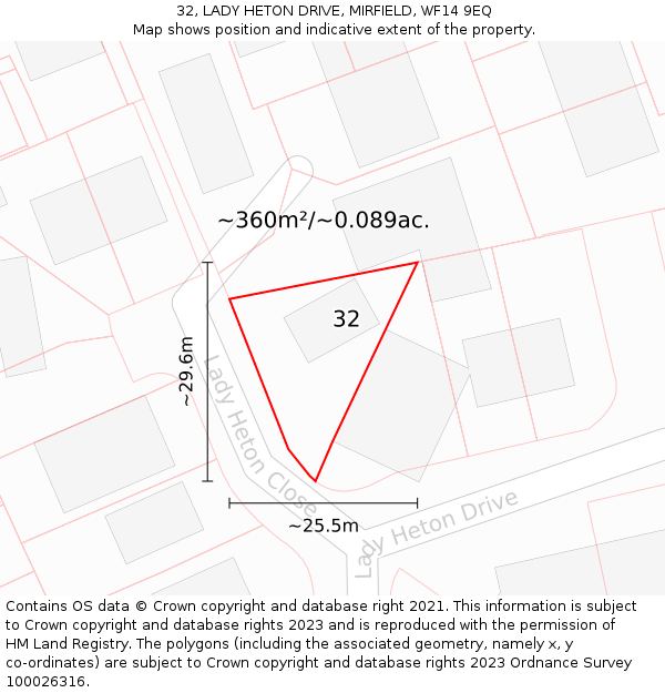 32, LADY HETON DRIVE, MIRFIELD, WF14 9EQ: Plot and title map