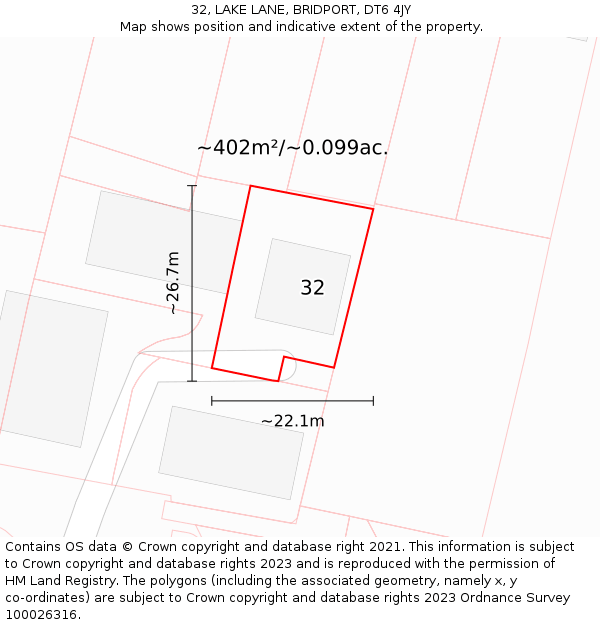 32, LAKE LANE, BRIDPORT, DT6 4JY: Plot and title map