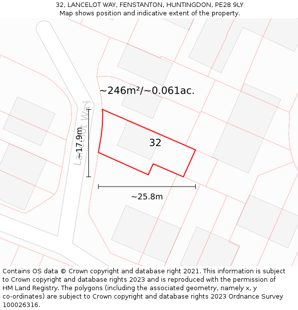 32, LANCELOT WAY, FENSTANTON, HUNTINGDON, PE28 9LY: Plot and title map