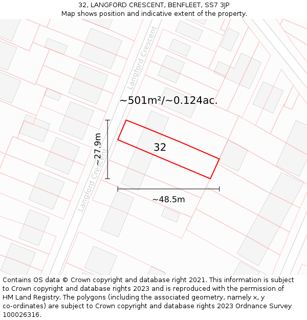 32, LANGFORD CRESCENT, BENFLEET, SS7 3JP: Plot and title map