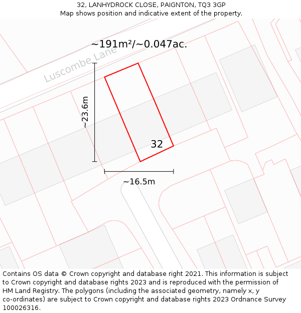 32, LANHYDROCK CLOSE, PAIGNTON, TQ3 3GP: Plot and title map