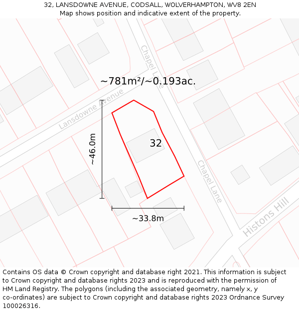 32, LANSDOWNE AVENUE, CODSALL, WOLVERHAMPTON, WV8 2EN: Plot and title map