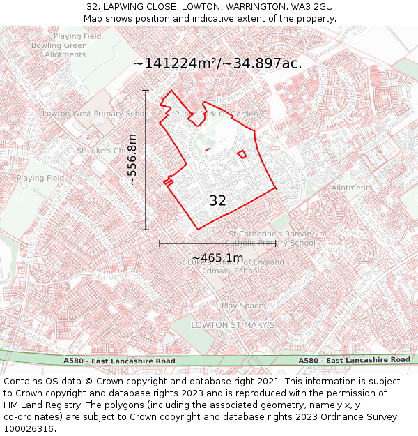 32, LAPWING CLOSE, LOWTON, WARRINGTON, WA3 2GU: Plot and title map