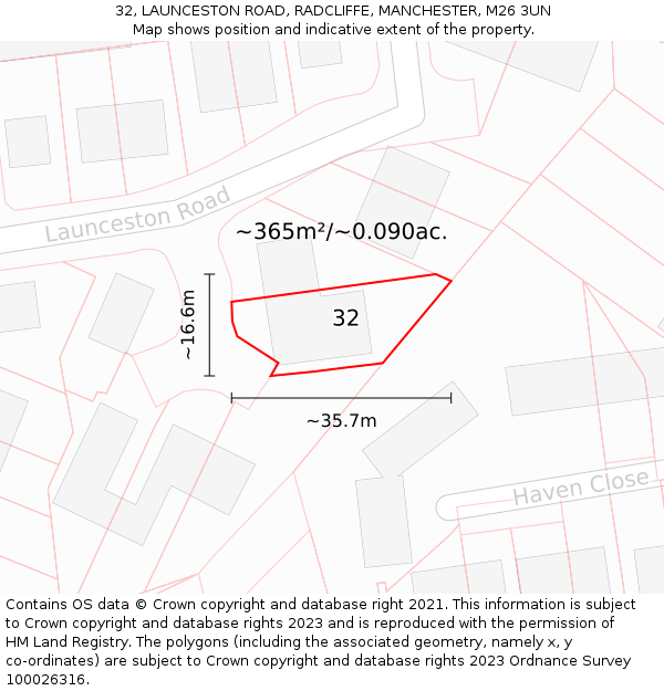 32, LAUNCESTON ROAD, RADCLIFFE, MANCHESTER, M26 3UN: Plot and title map