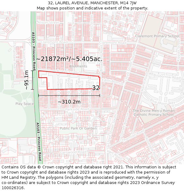 32, LAUREL AVENUE, MANCHESTER, M14 7JW: Plot and title map