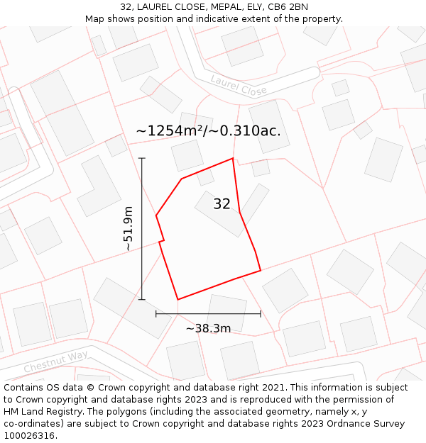 32, LAUREL CLOSE, MEPAL, ELY, CB6 2BN: Plot and title map