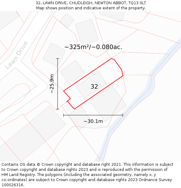 32, LAWN DRIVE, CHUDLEIGH, NEWTON ABBOT, TQ13 0LT: Plot and title map