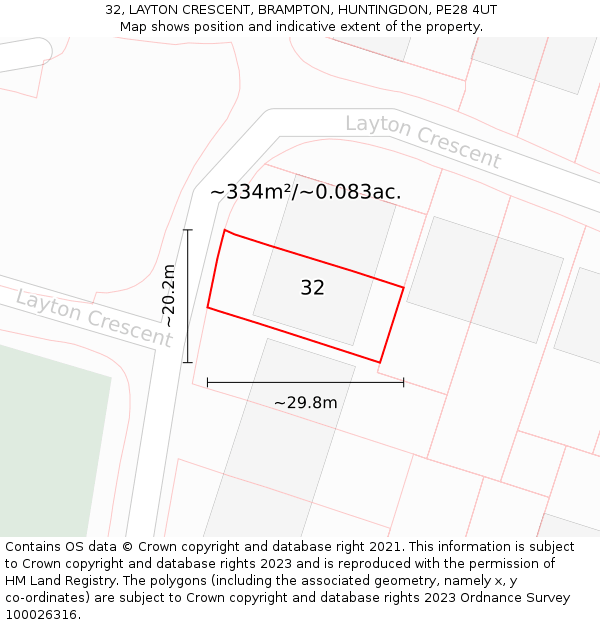 32, LAYTON CRESCENT, BRAMPTON, HUNTINGDON, PE28 4UT: Plot and title map