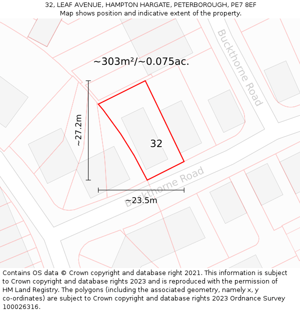 32, LEAF AVENUE, HAMPTON HARGATE, PETERBOROUGH, PE7 8EF: Plot and title map