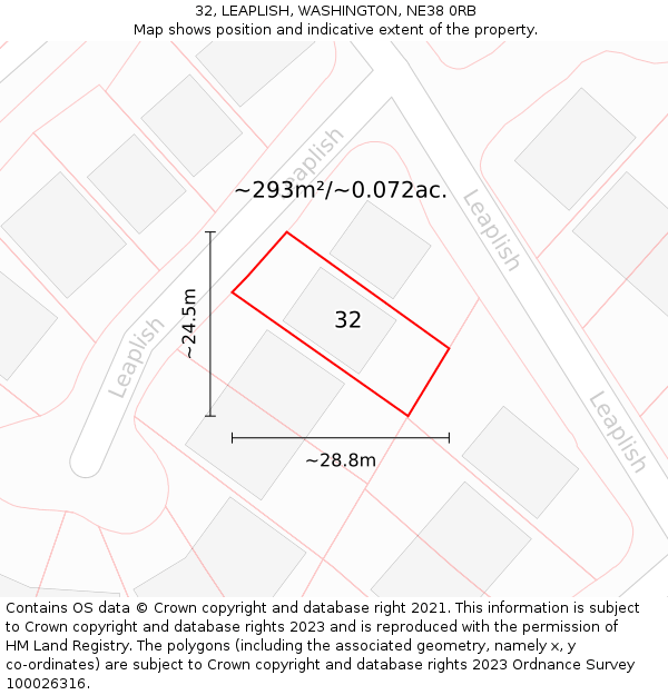 32, LEAPLISH, WASHINGTON, NE38 0RB: Plot and title map