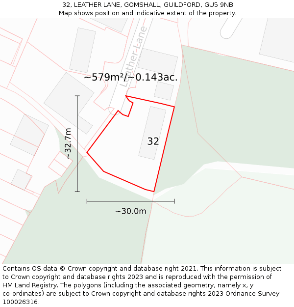32, LEATHER LANE, GOMSHALL, GUILDFORD, GU5 9NB: Plot and title map
