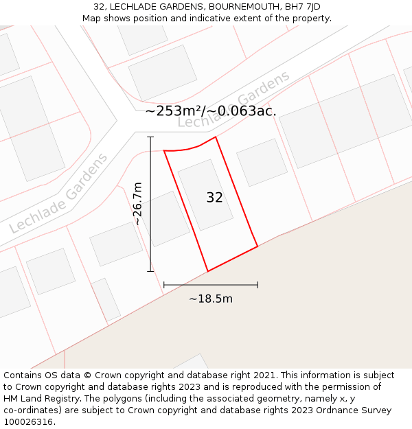 32, LECHLADE GARDENS, BOURNEMOUTH, BH7 7JD: Plot and title map