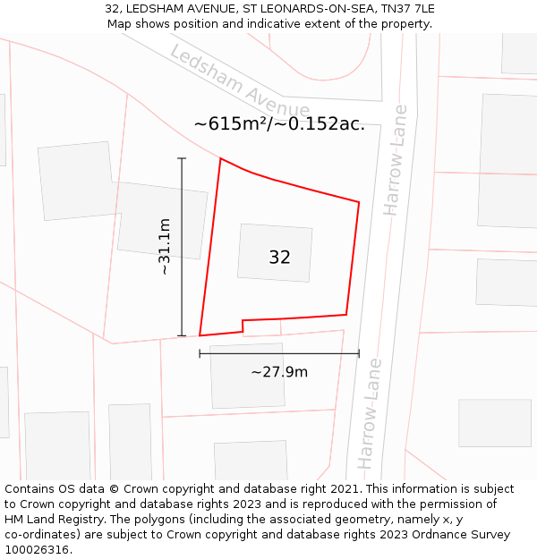 32, LEDSHAM AVENUE, ST LEONARDS-ON-SEA, TN37 7LE: Plot and title map