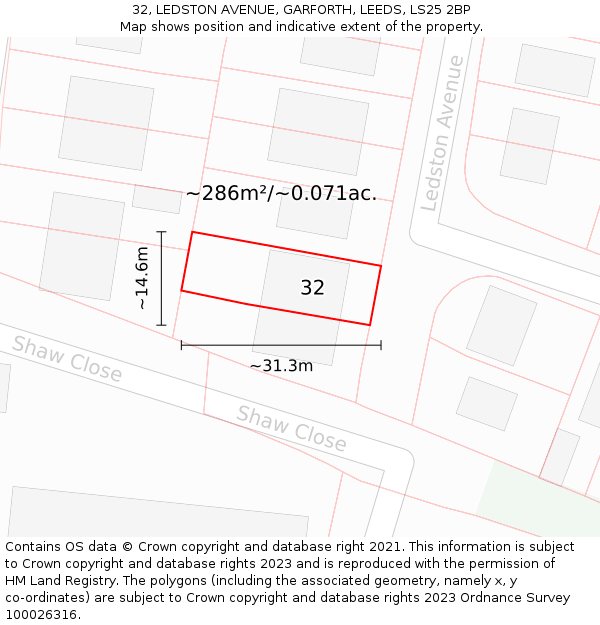 32, LEDSTON AVENUE, GARFORTH, LEEDS, LS25 2BP: Plot and title map
