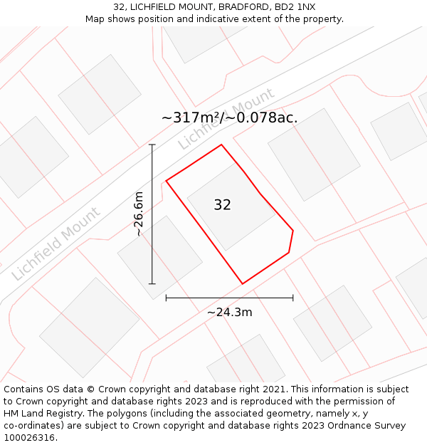 32, LICHFIELD MOUNT, BRADFORD, BD2 1NX: Plot and title map